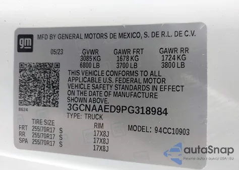 2023 Chevrolet Silverado 1500 2Wd Long Bed Wt z USA, uszkodzony, nr VIN 3GCNAAED9PG318984